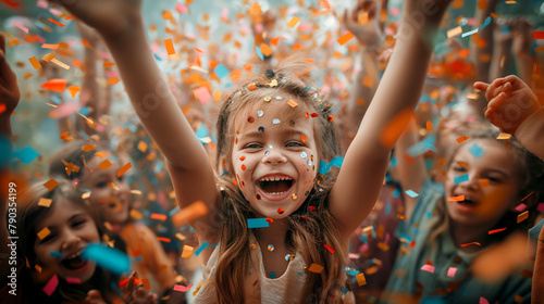 Joyful girl celebrating with confetti at a festive event. Captures the spirit of joy and celebration, perfect for party-related content, events, and birthday themes.