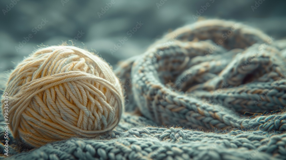 A ball of yarn on a blanket with other balls, AI
