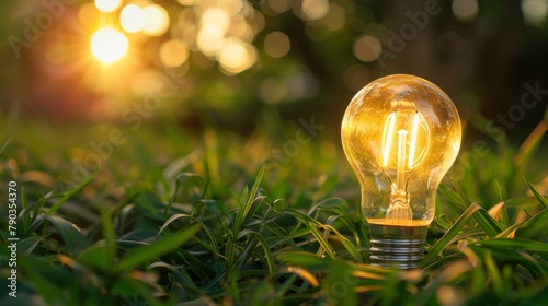 concept eco. close up lightbulb on green grass with sunset and bokeh background