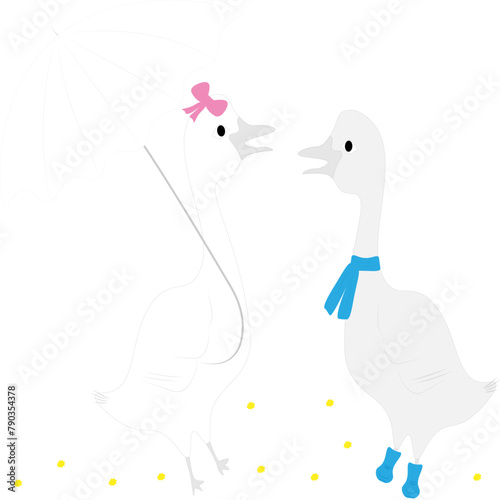 A goose with a pink bow and a white umbrella, a goose in a blue scarf and boots. The concept of agriculture, Thanksgiving, Christmas