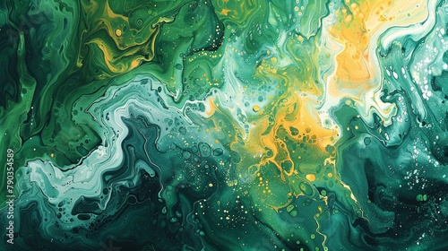 A vibrant canvas of jade and lemon hues, capturing the fluidity of marble ink in an abstract masterpiece. 