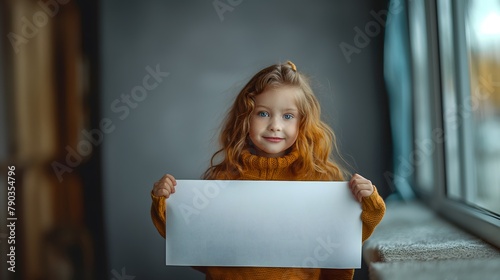Ein kleines Mädchen hält ein weißes Poster, Platz für Text, rustikaler Hintergrund photo