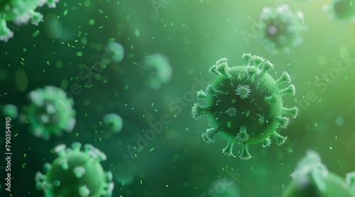 Abstract scene of the covid-19 virus floating on a green background in an impactful and symbolic image. Iconic spherical structure with spike projections with details on a green background.