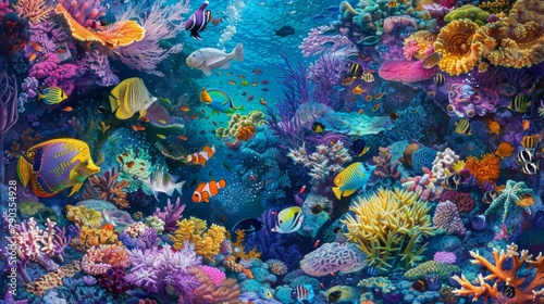 Coral reef paradise: Vibrant coral reefs teem with life as tropical fish of all shapes and sizes dart among the intricately patterned corals.