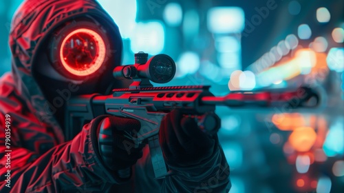 A man in a hoodie is holding a gun and looking through a scope photo