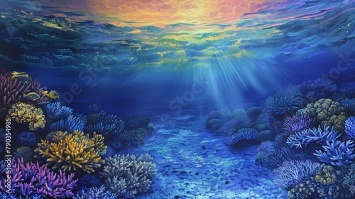 Coral reef twilight  The warm glow of sunset bathes a vibrant coral reef in golden light  casting long shadows across the ocean floor.