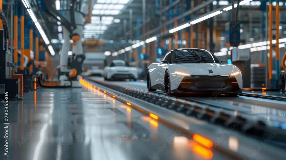 A white car is driving down a track in a factory