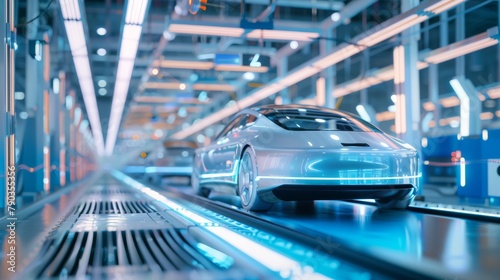 A futuristic car is on a conveyor belt in a factory