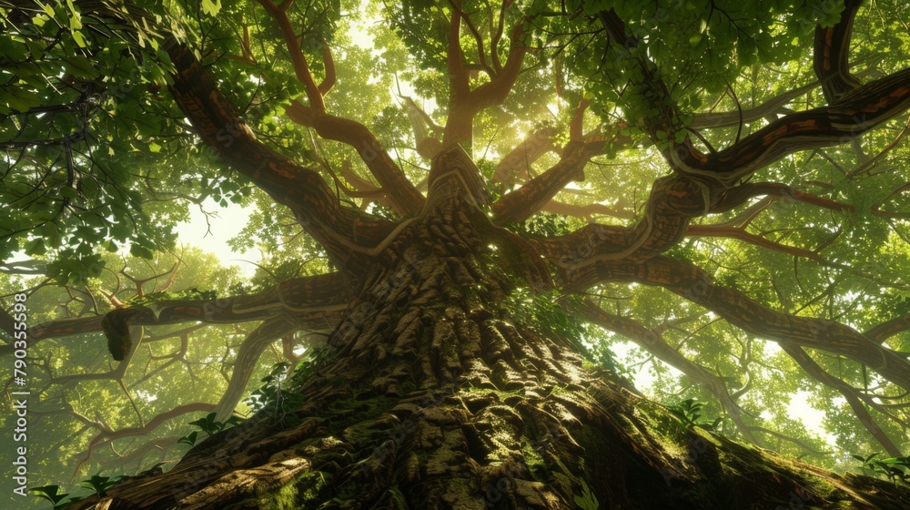 Fototapeta premium Forest monarch: A majestic old-growth tree rises majestically above the surrounding canopy, a symbol of resilience and strength.