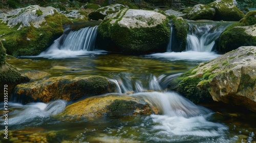 Forest stream  Clear water cascades over mossy rocks in a serene forest stream  the sound of babbling water echoing tranquility.