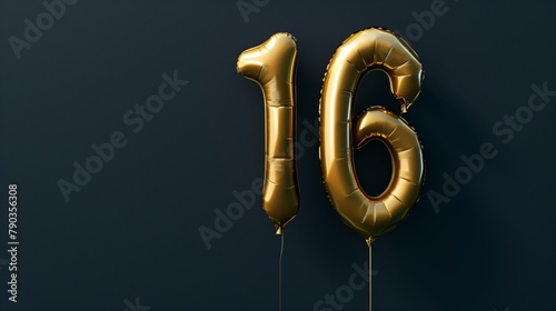 Golden foil balloon number 16 text on dark background. Dark birthday decoration photo