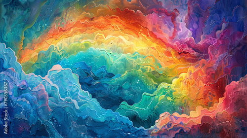 A whimsical rainbow texture cloud abstract art from a playful original painting for abstract background in rainbow color detailed Rainbow arch.  photo