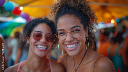 Joyful friends sharing a laugh at a colorful market. Perfect for lifestyle, friendship, and happiness themes in social media, advertising, and travel campaigns.