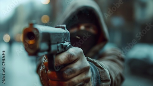 Mann in Kapuzenjacke schießt mit Waffe, Konzept Kriminalität, Überfall, Verschärfung Waffengesetz photo