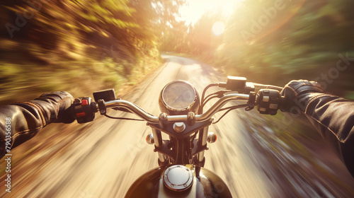 Biker's perspective on a sunny road journey. First-person perspective of a motorcycle ride. Ideal for conveying speed, adventure, and the thrill of biking in lifestyle and travel content. photo