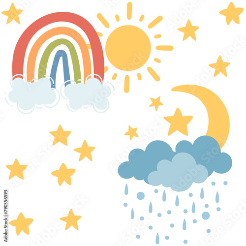 Seamless pattern of weather rainbow sun moon and clouds vector illustration on white background