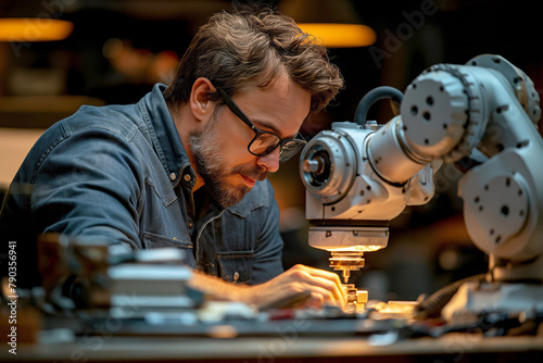 Focused craftsman using precision machinery. Represents craftsmanship, engineering, and technology in industrial and educational content.