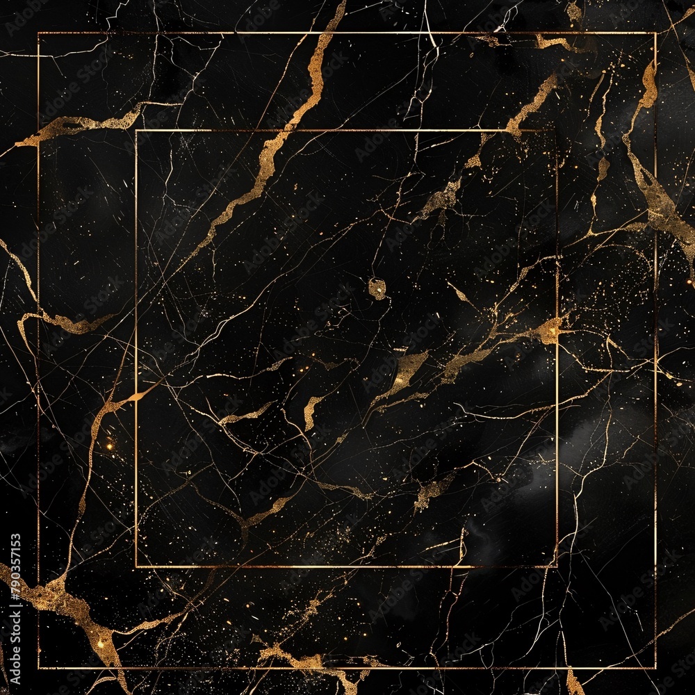 Gold and black marble background with a square frame 