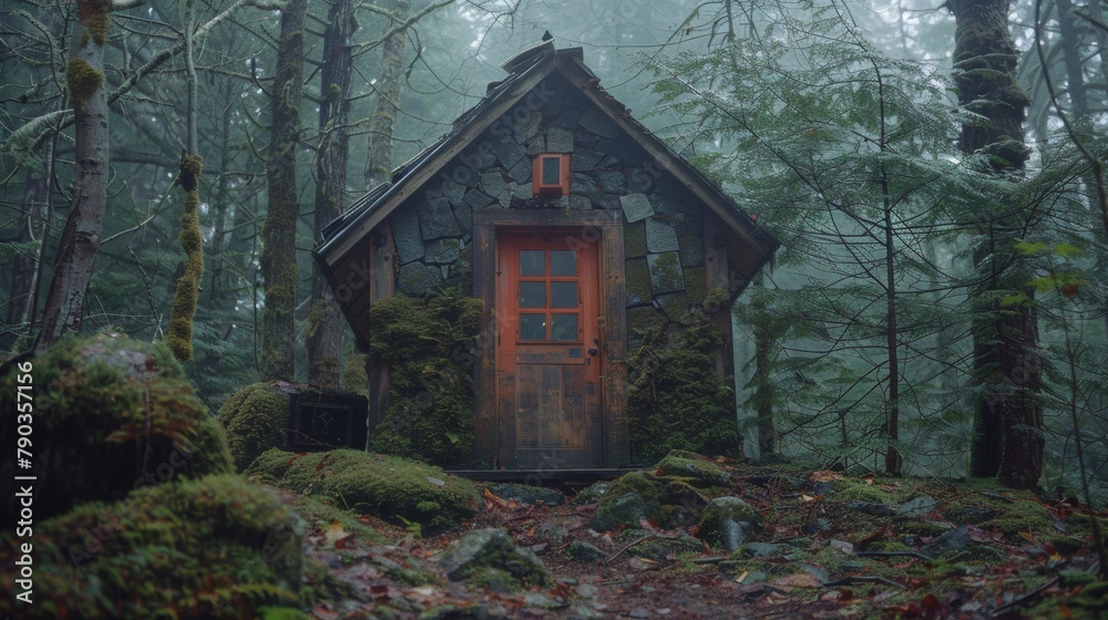 A small cabin in the woods with a red door, AI