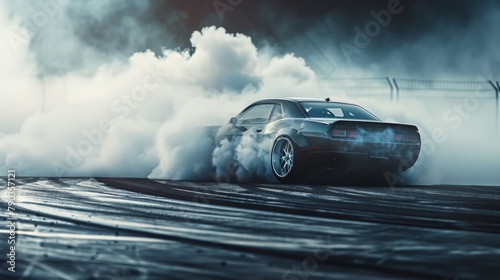 A black car is driving on a wet road with smoke coming out of its exhaust