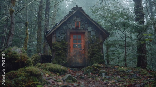 A small cabin in the woods with a red door, AI © starush
