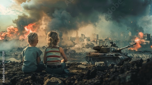 Two children are sitting on the ground in front of a tank photo