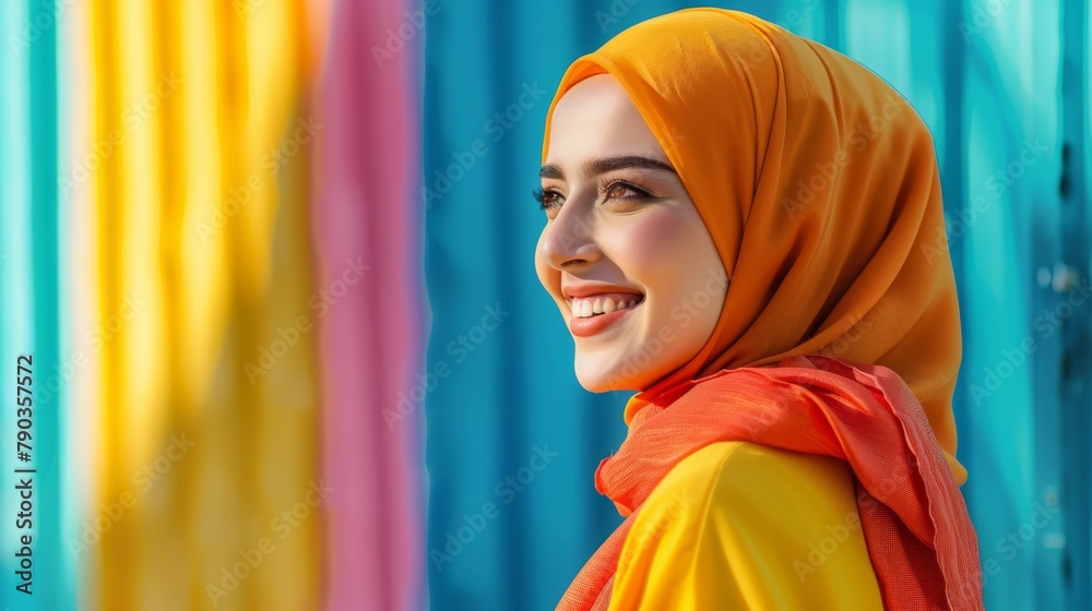A woman wearing an orange scarf and smiling