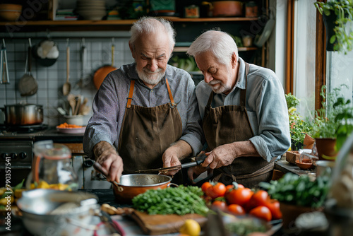 Mature gay couple cooking together in the kitchen, illustrating companionship and culinary enjoyment. Suitable for lifestyle content, cooking shows, and relationship blogs.