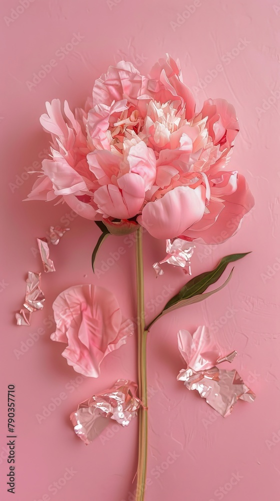 peony bud with pieces of foil on a pink background.