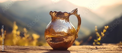Beautiful teapot made of glass with a transparent brown motif isolated with a flower garden on a beautiful mountain slope