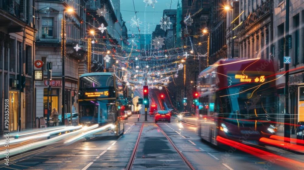 Manchester, England, UK. December 18th, 2021: Long exposure light trails from buses and other moving traffic on Portland Street in the final run up to Christmas