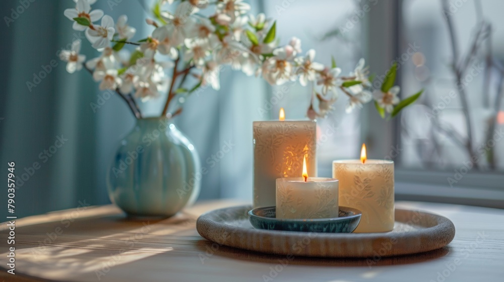 A vase with flowers and candles on a table next to some plates, AI