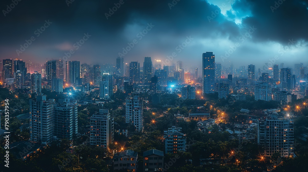Dramatic cityscape under stormy skies, illustrating the contrast of nature and urban life, perfect for dramatic backdrops and storytelling.