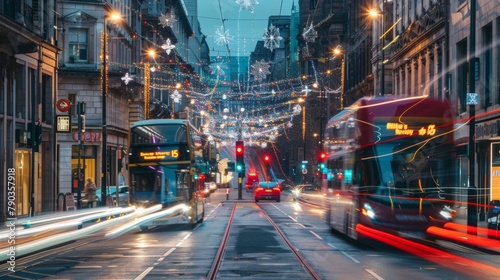 Manchester, England, UK. December 18th, 2021: Long exposure light trails from buses and other moving traffic on Portland Street in the final run up to Christmas photo