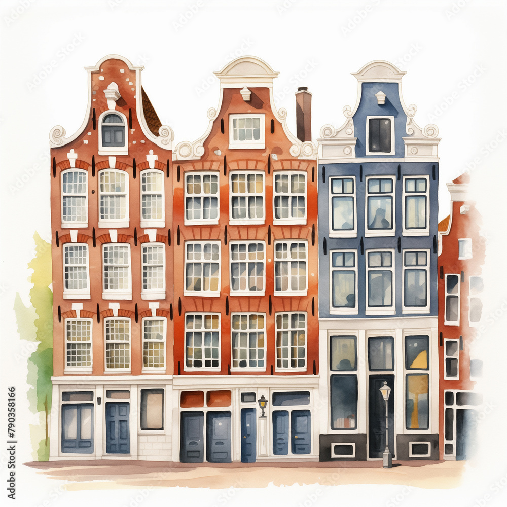 Minimal watercolour of Amsterdam, facades front view, tranquil surfaces, watercolor card