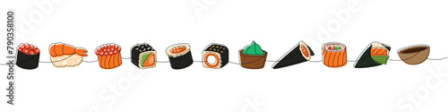 Set of sushi rolls. Japanese cuisine, traditional food one line drawing. Ikura sushi, tobiko maki, shrimp nigiri, tekkamaki tuna roll, futomaki