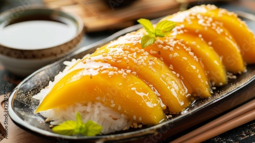 Mango sticky rice: A delectable dessert of sweet mango slices served with sticky rice, drizzled with coconut milk and sesame seeds.