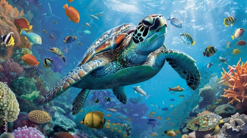 Marine life  A diverse array of marine creatures  from colorful fish to graceful sea turtles  inhabit the vibrant underwater world of the ocean.