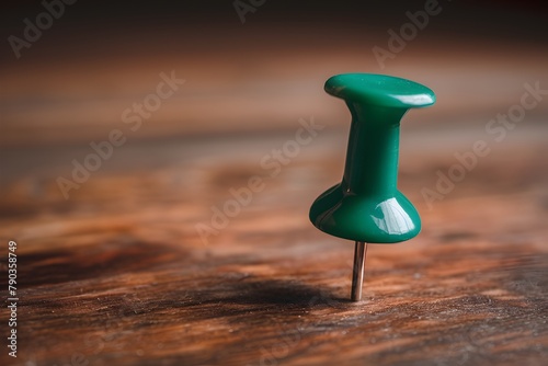 Green push pin placed on a surface