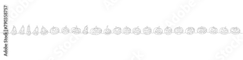 Set of pumpkins faces. Pumpkins with scary faces one line continuous drawing. Autumn halloween vegetables continuous one line illustration.