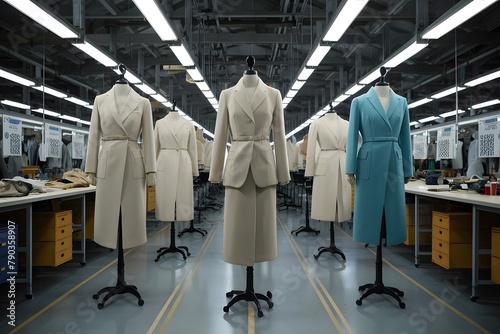 Mannequins display drafted garments in organized factory setting with text space