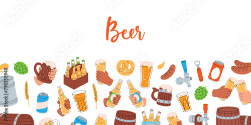 Brewery horizontal banner. Metal keg, bottle opener, sausages, beer tap, glass, mug, bottles. Brewing process, brewery factory. Vector illustration.