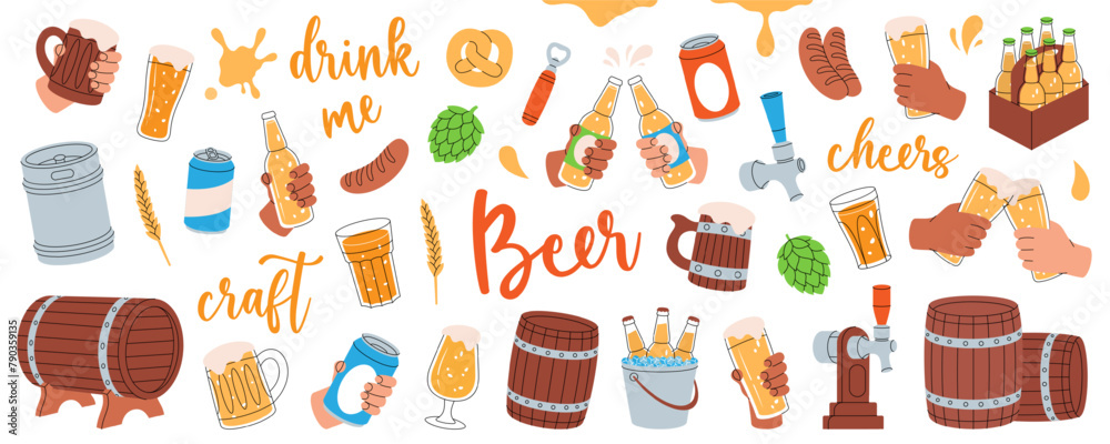 Set of brewery. Wooden barrels, cans, glasses, mugs, metal keg, bottle opener, sausages, tap, hop cone. Brewery factory production. Set of brewery. Wooden barrels, cans, glasses, mugs, metal keg, bottle opener, sausages, tap, hop cone. Brewery factory production.