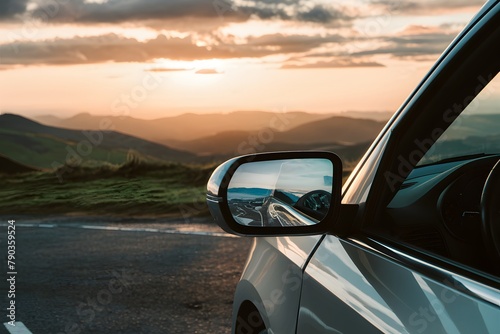 Wing mirror reflects a stunning panoramic view of the landscape photo