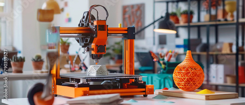 In a design studio, a 3D printer is creating prototypes of products with precision. photo