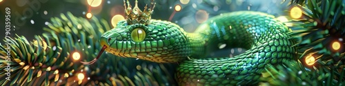 3D green shiny snake with a crown on its head against the background of a New Year tree.