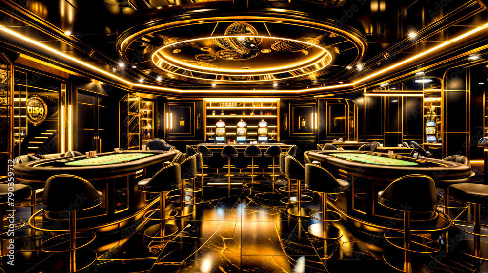 Casino room filled with lots of black and gold tables and stools.