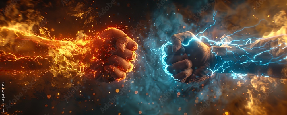 Two fists lighting and fire confrontation, abstract conflict and war concept - obrazy, fototapety, plakaty 