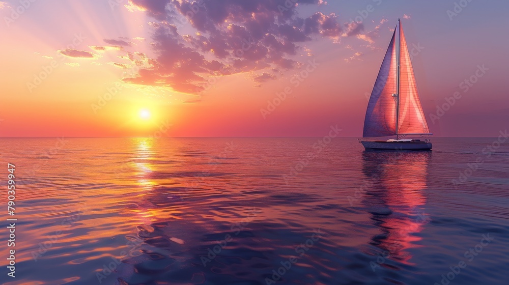 A sailboat is sailing on a calm ocean at sunset