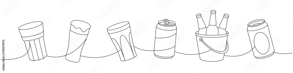 Beer pub elements one line continuous drawing. Beer bottles, can, glass, mug continuous one line illustration. Vector linear illustration. Beer pub elements one line continuous drawing. Beer bottles, can, glass, mug continuous one line illustration. Vector linear illustration.